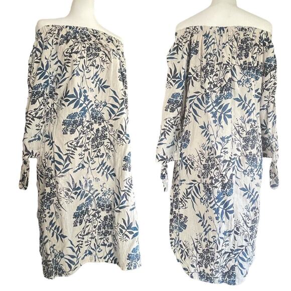 Valentina Naldi 100% Linen Off Shoulder Shift Dress White Blue Floral SIZE LARGE - Picture 1 of 12